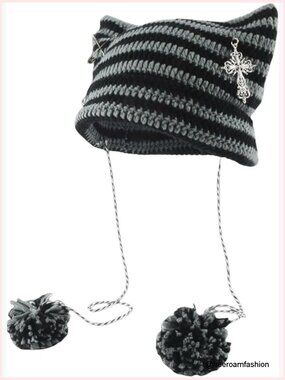 Gothic Knitted Winter Hat with Metal Cross Emo Grunge Y2K Beanie